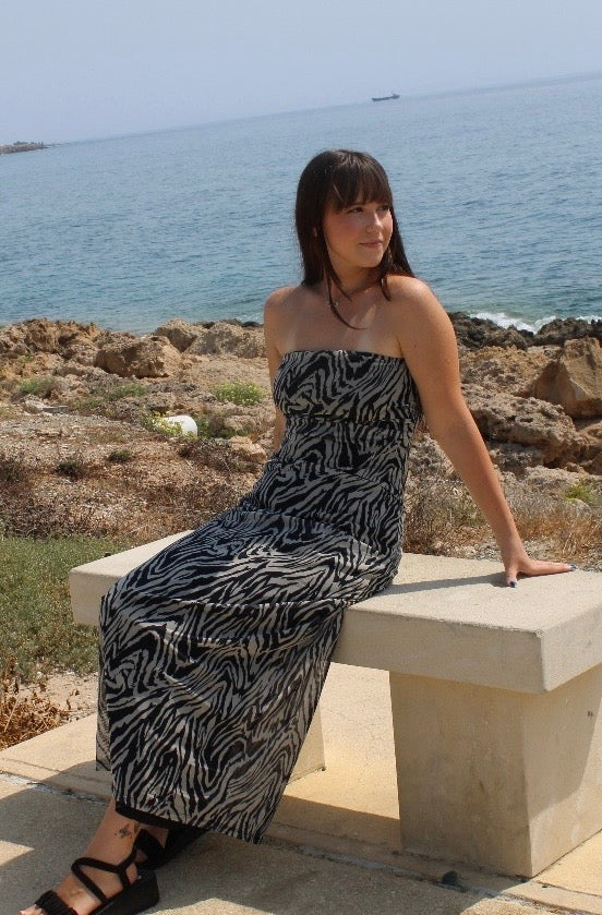 Vero Moda mesh bandeau maxi dress in abstract zebra print