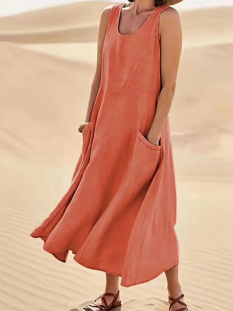 Women Casual Sleeveless - A-Line Dress with Pockets - Mid-Length Round Neck-Orange