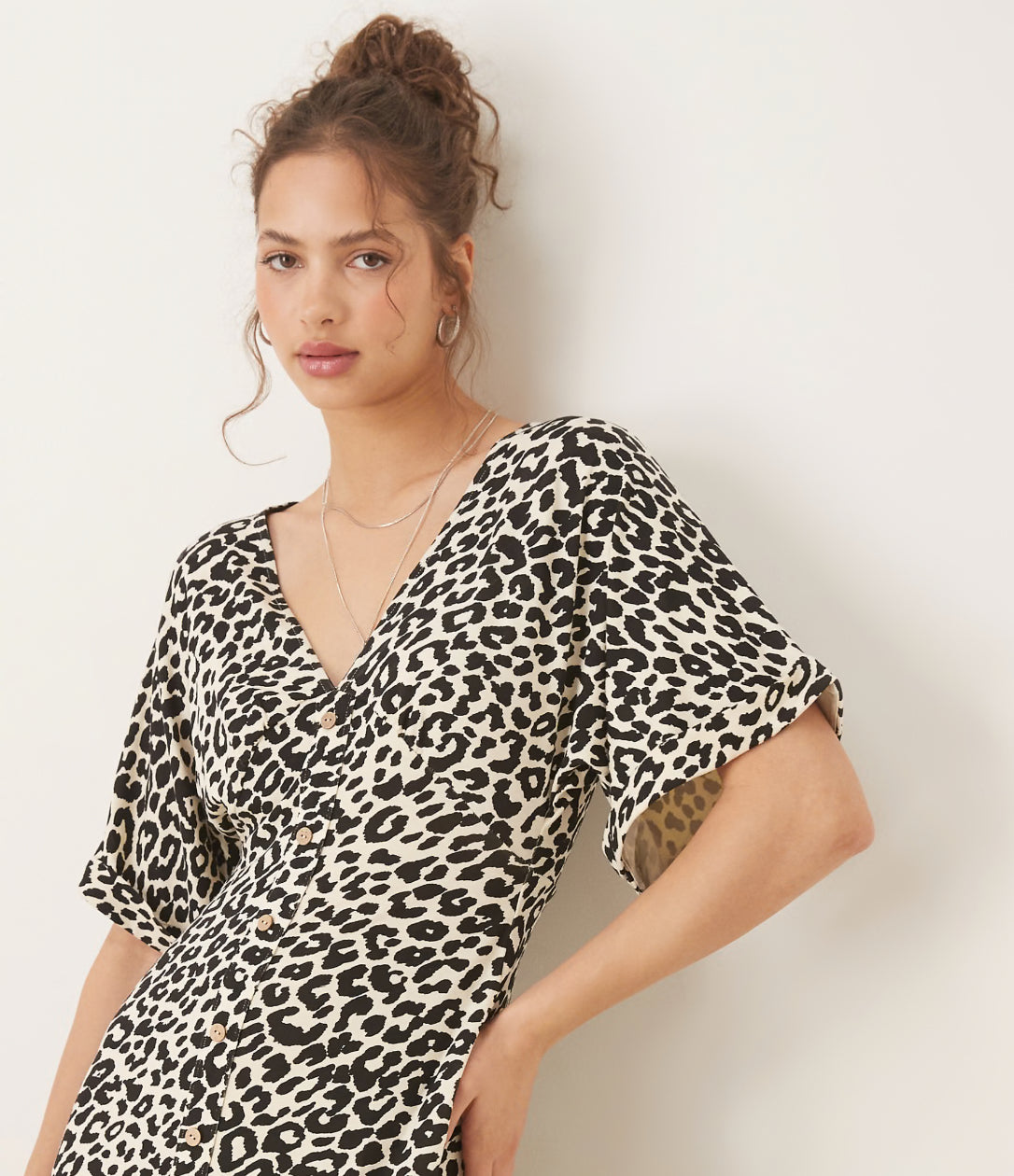 Roll sleeve button front midi tea dress in animal print