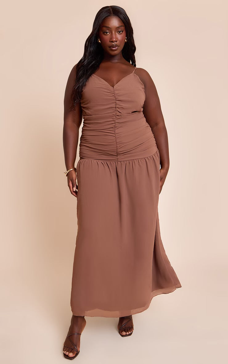 Plus Chocolate Chiffon Ruched Dropped Waist Maxi Dress