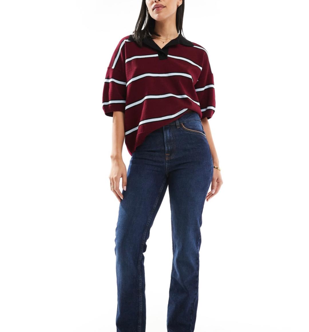 High rise slim straight jean in darkwash with brown faux leather trim